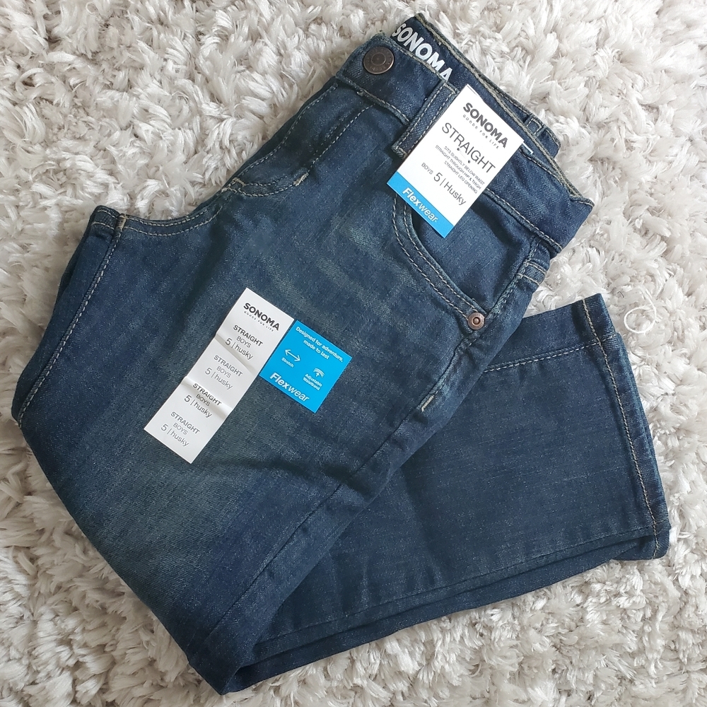 NWT Sonoma Boys Dark Blue Wash Denim Jean 5 Husky Straight Leg Flexwear